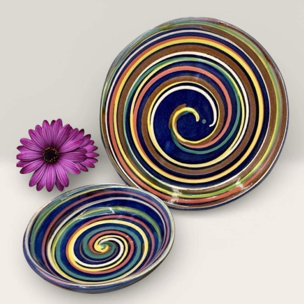 Earthworks Barbados WestIndies Red Clay Pottery Blue Multi Swirl Bowl & Plate
